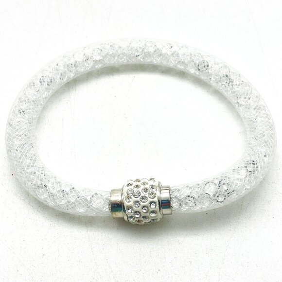 White Mesh Crystal Bead Bracelet Magnetic Clasp Sparkle - Picture 2 of 7